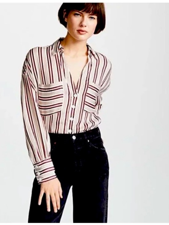 Free People Tops - Free People Womens Mad About You V-Neck Button Down Silky Striped Blouse
Size XS
